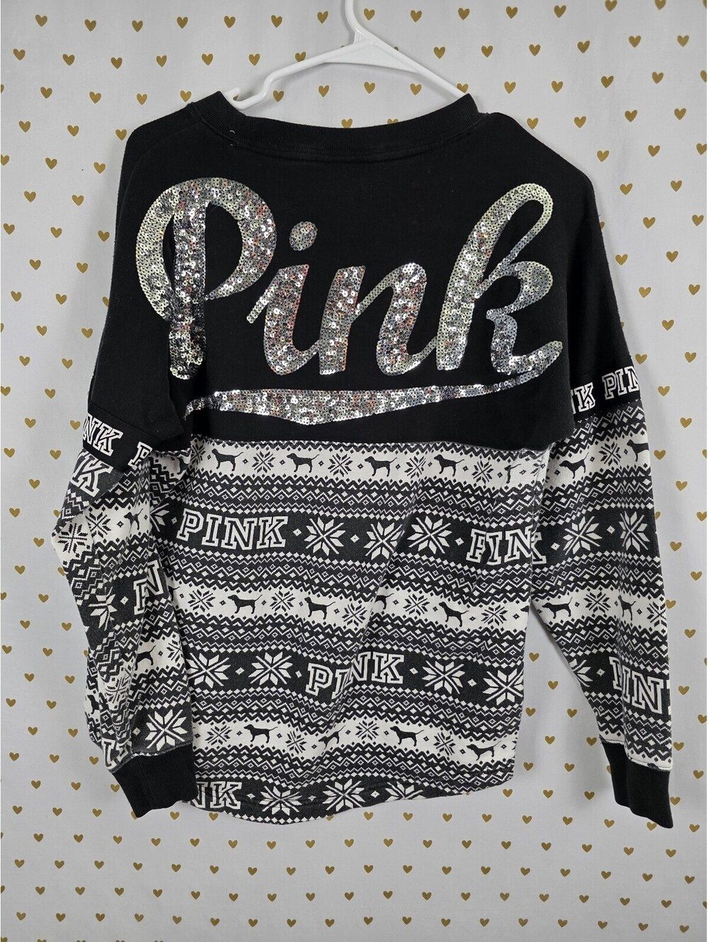 Victorias Secret Pink Bling Sequined Logo Winter Campus Sweater Shirt XS
